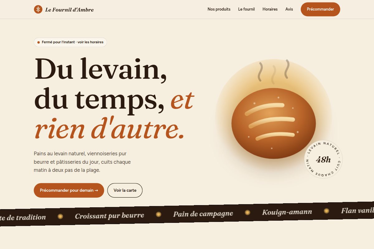 Preview of the Le Fournil d'Ambre bakery concept site: large headline and a country loaf illustration