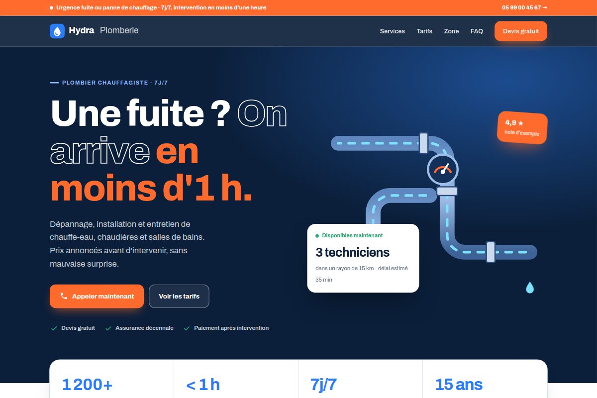 Preview of the Hydra Plomberie plumber concept site: headline promising help within an hour and animated pipes