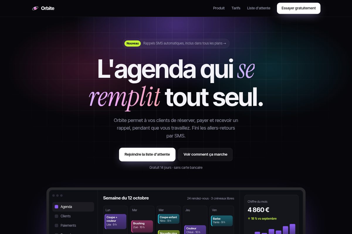 Preview of the Orbite start-up launch page concept: dark background and a booking app mock-up